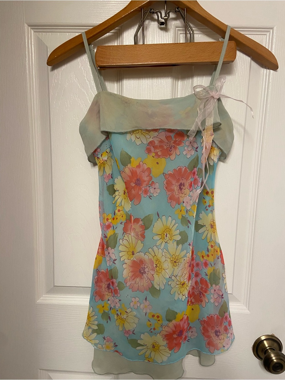 Warehouse Chiffon Shirt Tank Mint Blue Women’s w/ Pink & Orange Blooms Medium